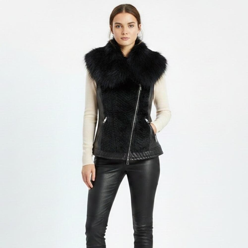 GUESS Posh Black Faux Leather Fur Vest Zip Up Moto Lace Back Size S